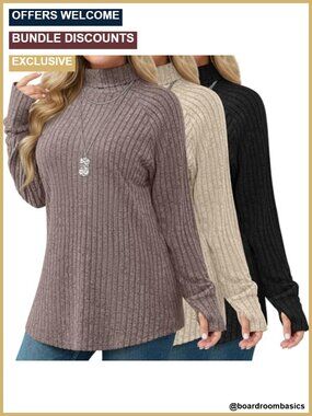 Plus Size Turtleneck Sweater 3 Pack Thumbhole Tunic Ribbed Pullover